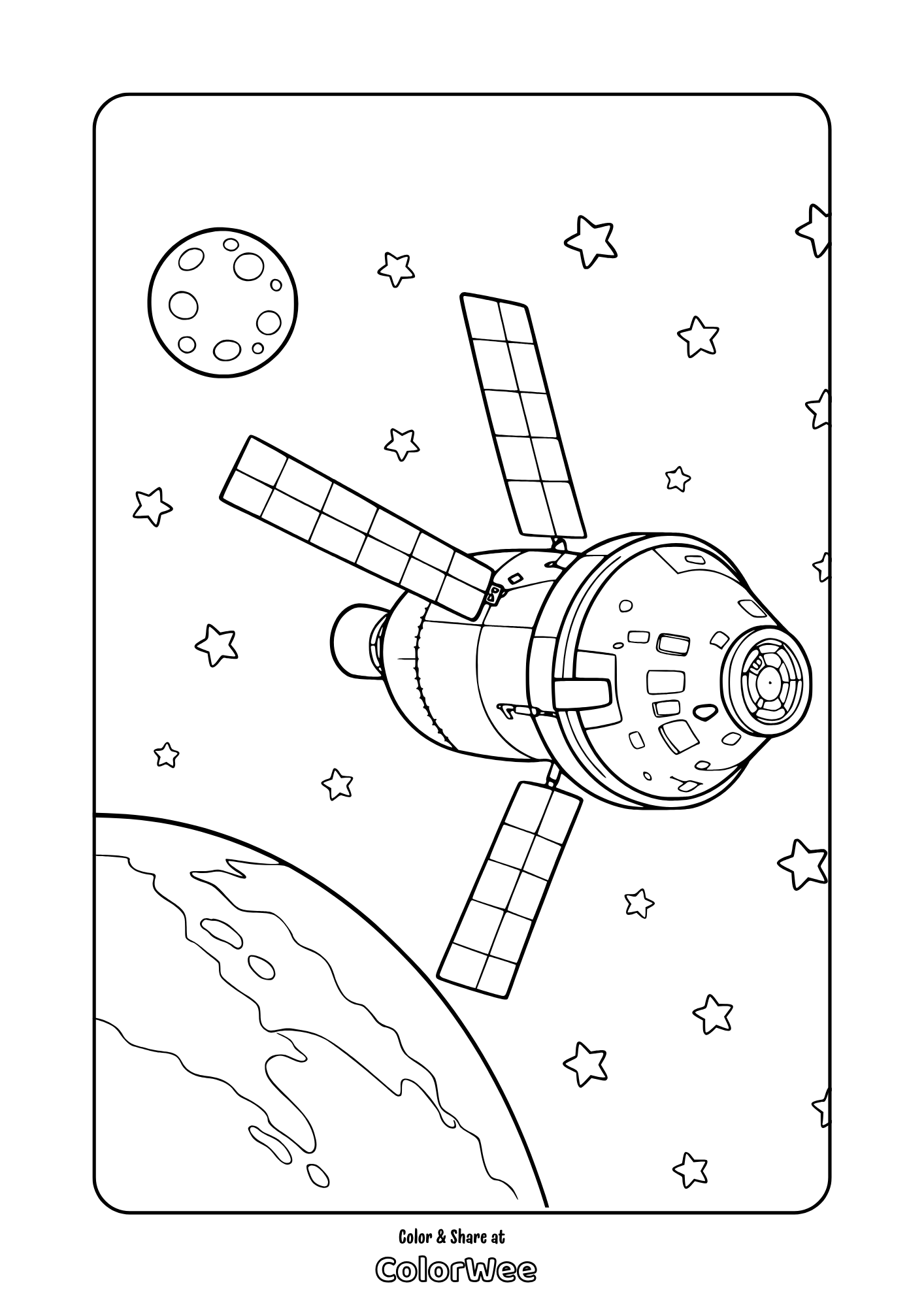Artemis II Spaceship orbiting Earth and moon coloring page for kids printable