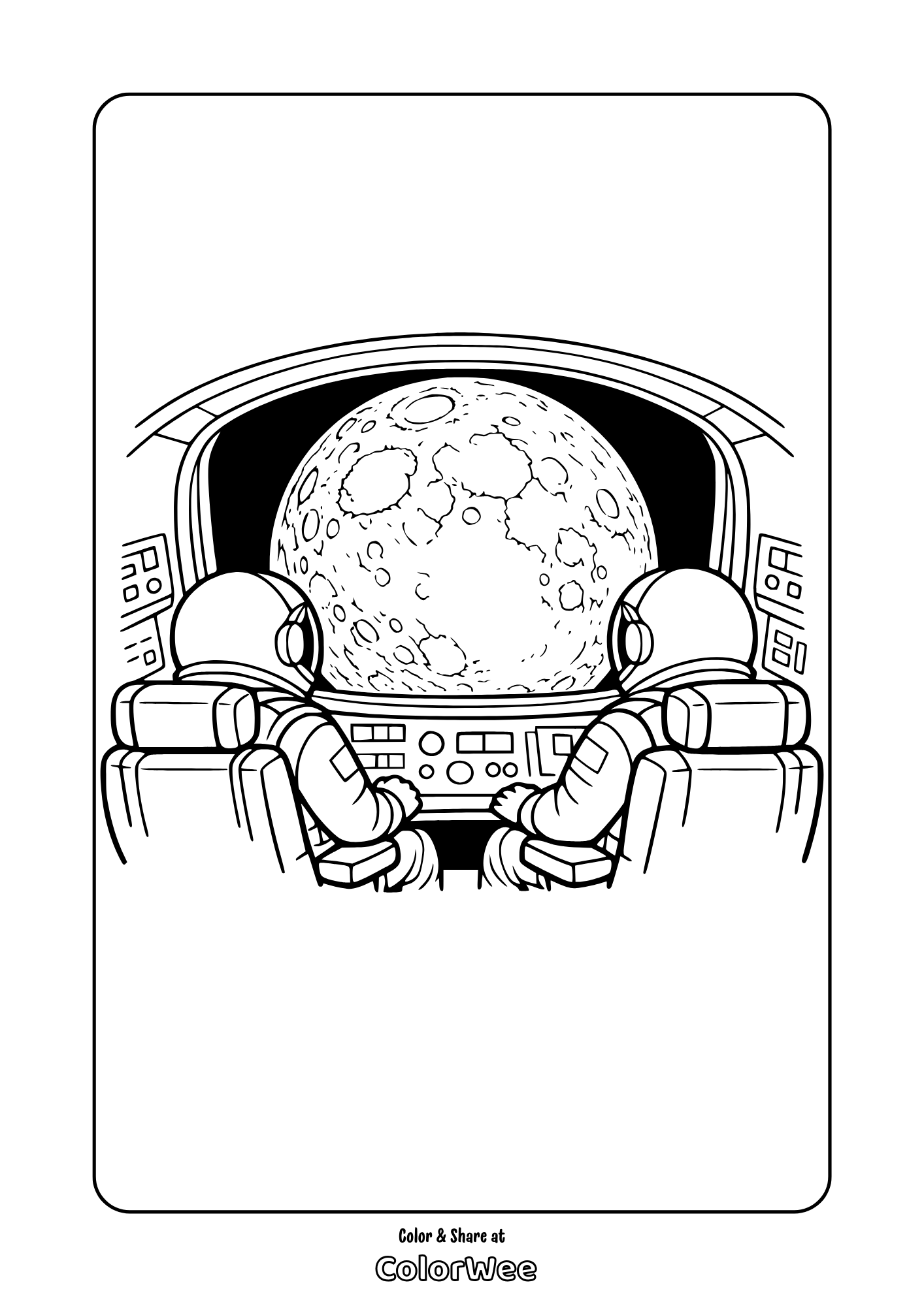 Astronauts view the Moon from Orion cockpit - space coloring page.