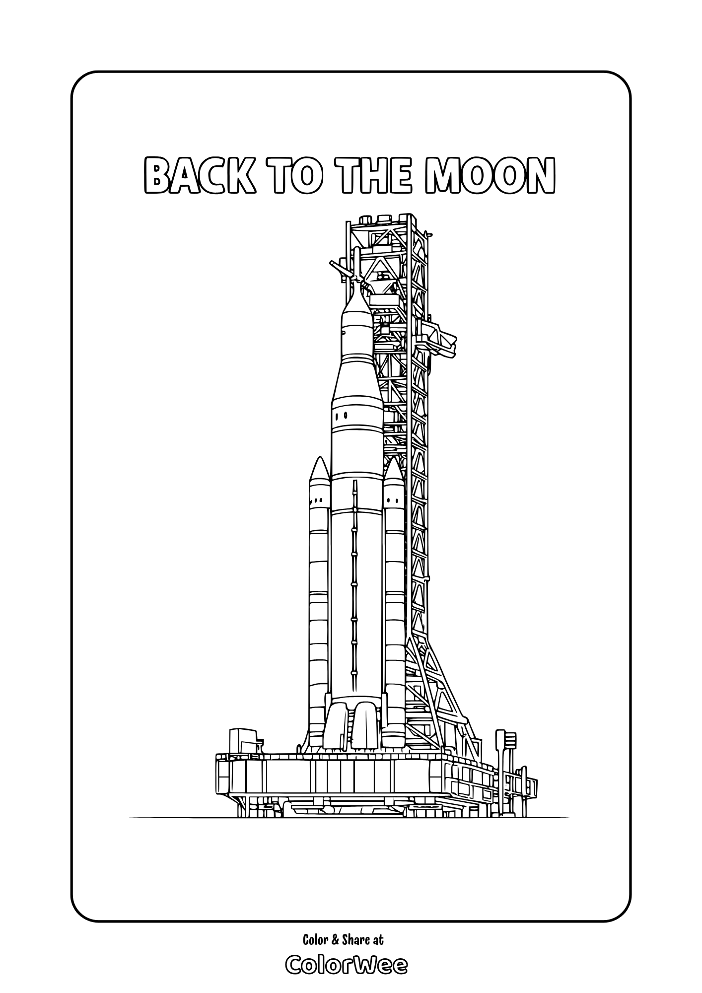 Back to the Moon rocket on launch pad printable coloring page for kids
