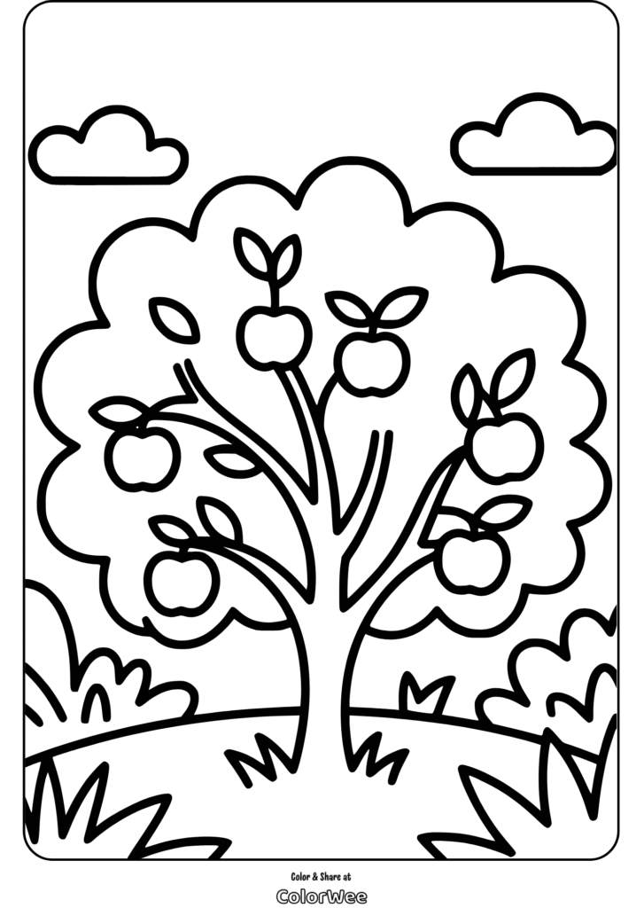 Apple tree coloring page with cloud and grass.