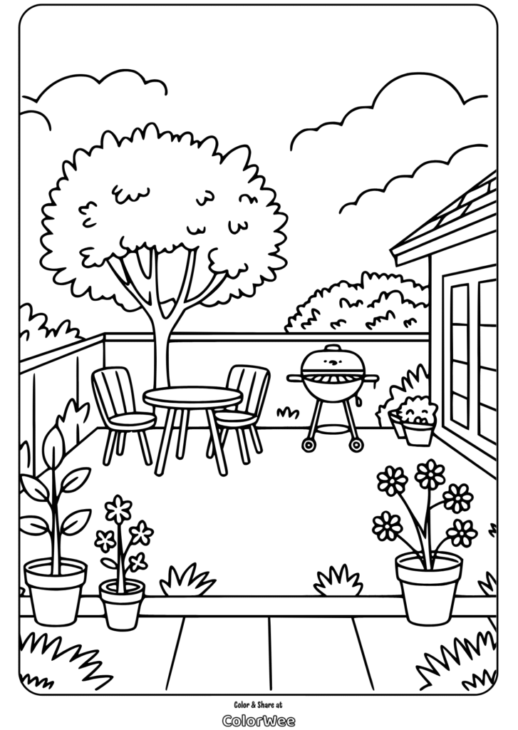 Backyard patio with table, chairs, and barbecue for coloring.