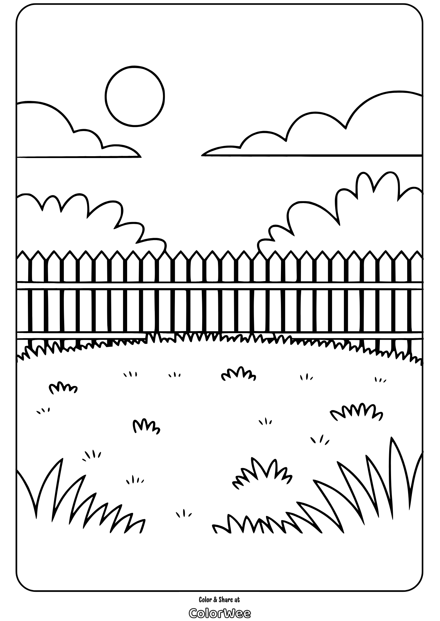 Coloring page with a sunny backyard scene and a picket fence.
