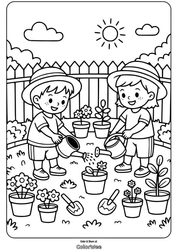 Kids gardening coloring page with flowers and watering cans.