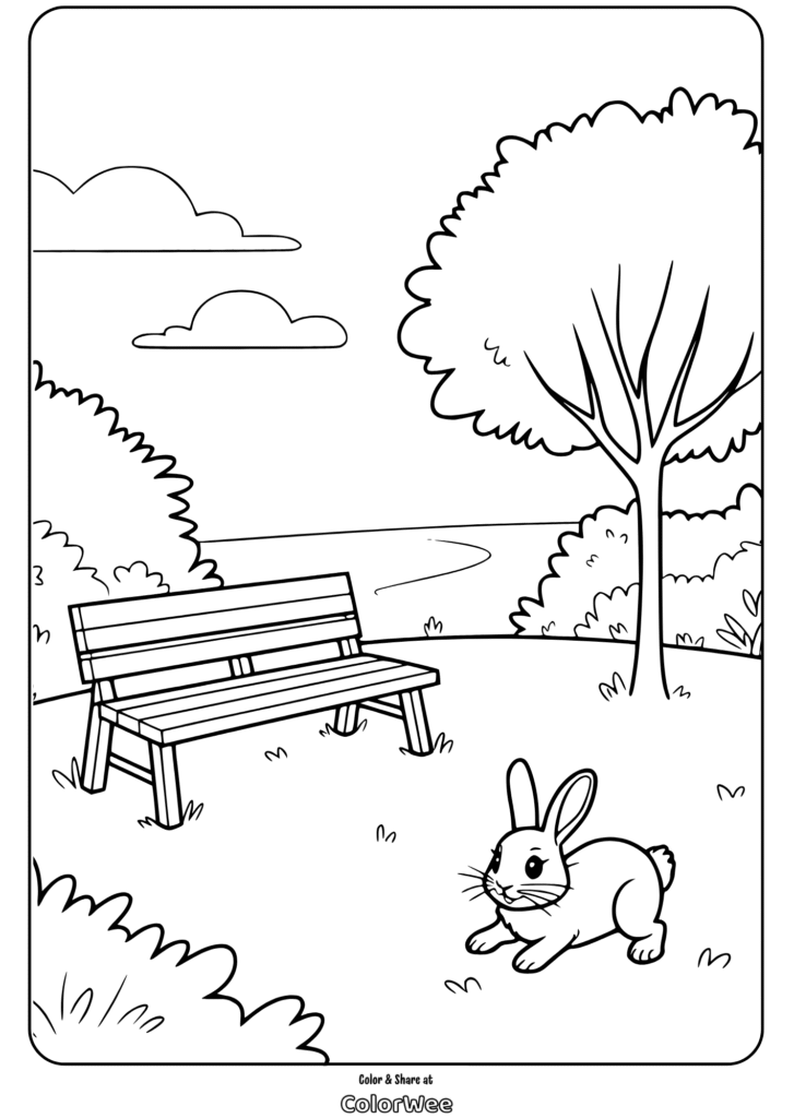 Park scene with bench, tree, clouds, and rabbit coloring page.