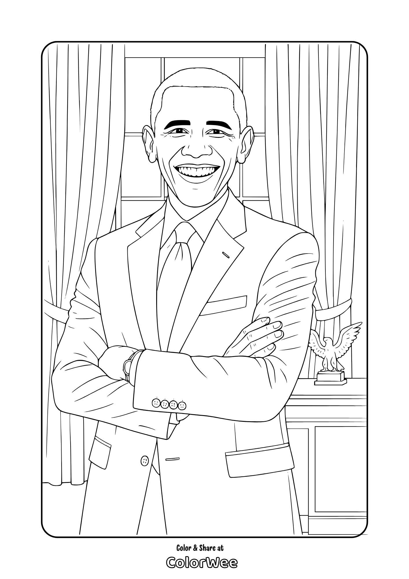 Barack Obama in suit coloring page, office scene, printable line art for kids