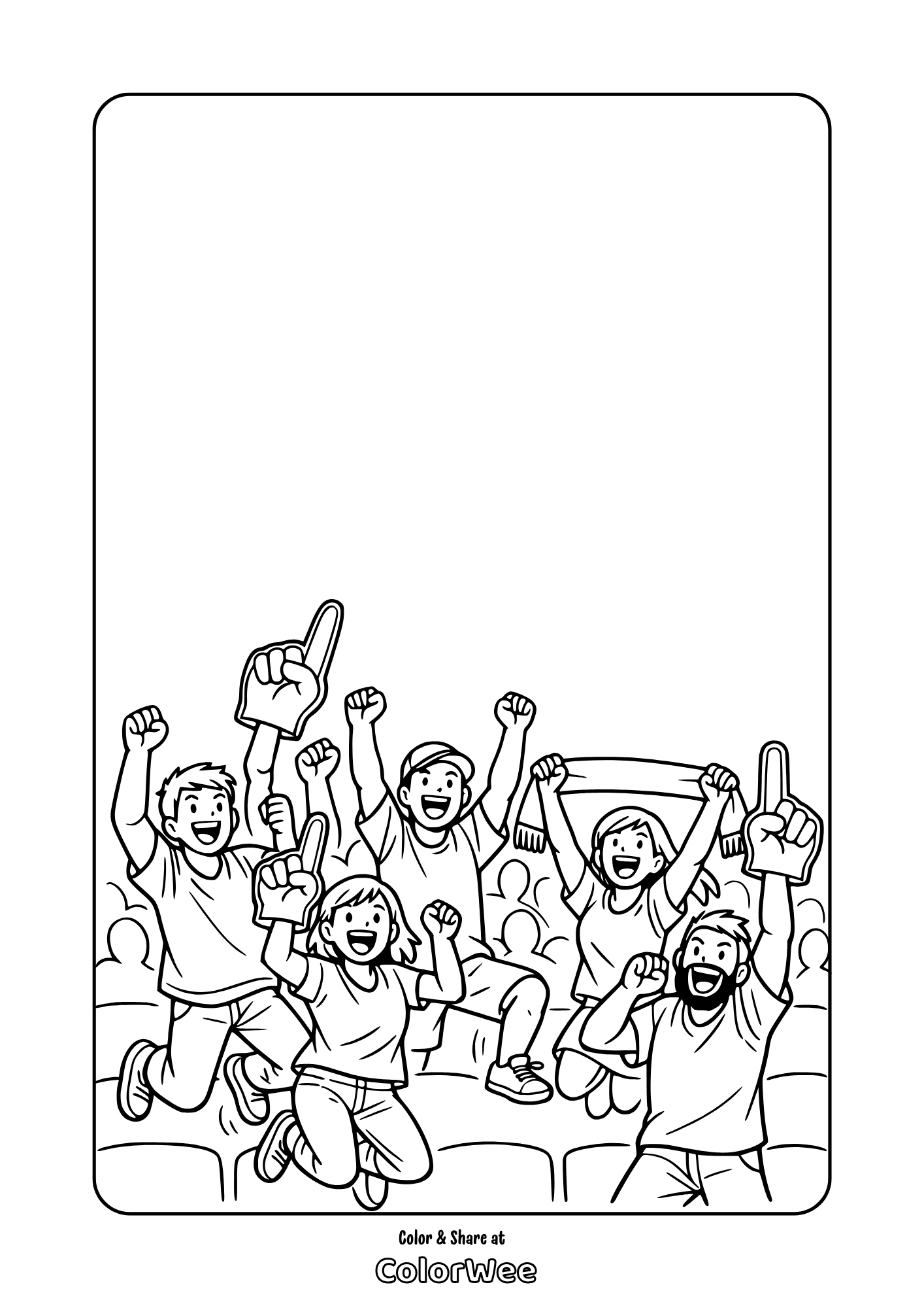 Basketball fans cheering coloring page - students with foam fingers at stadium printable