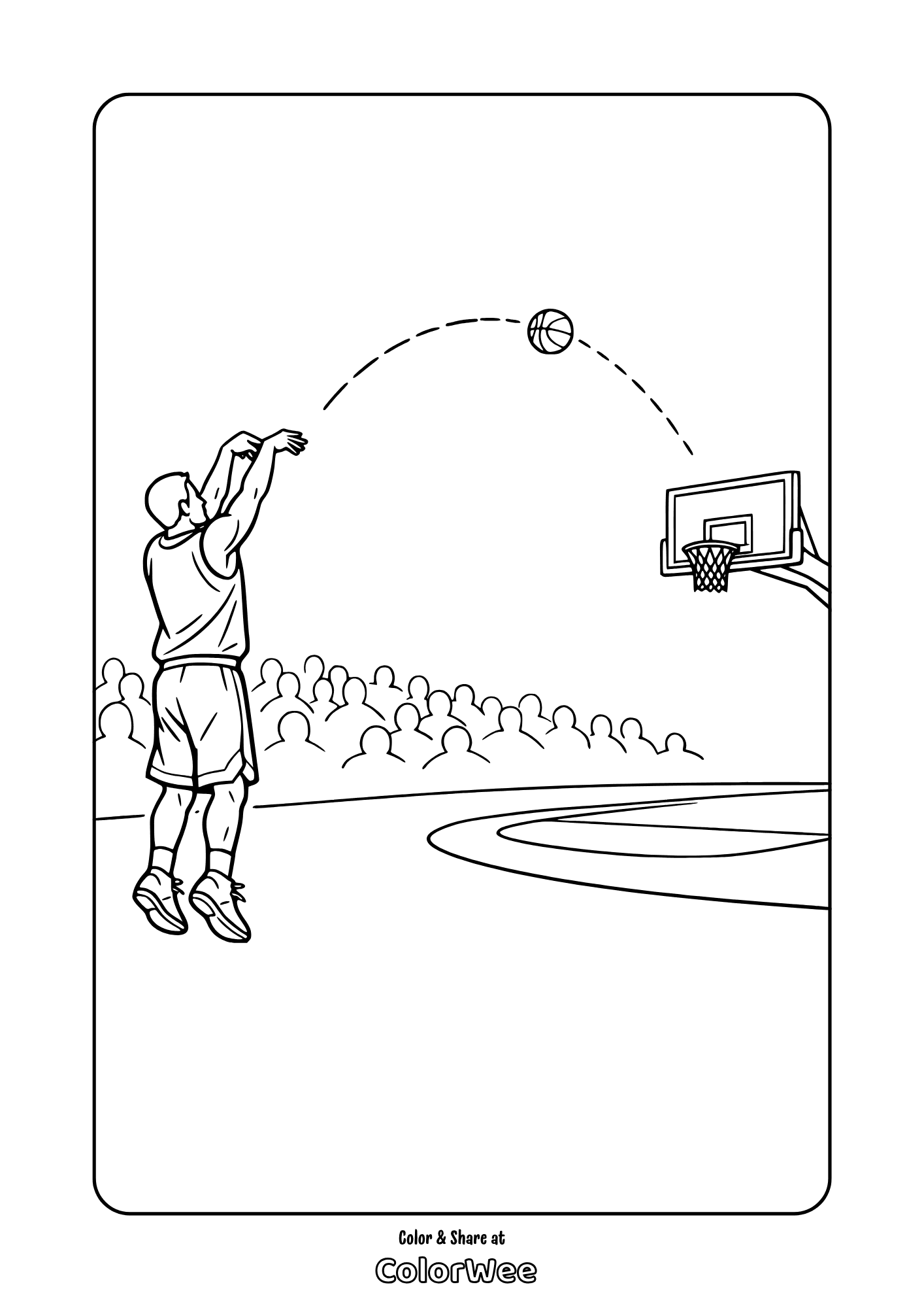 Basketball player jump shot coloring page with hoop and crowd.