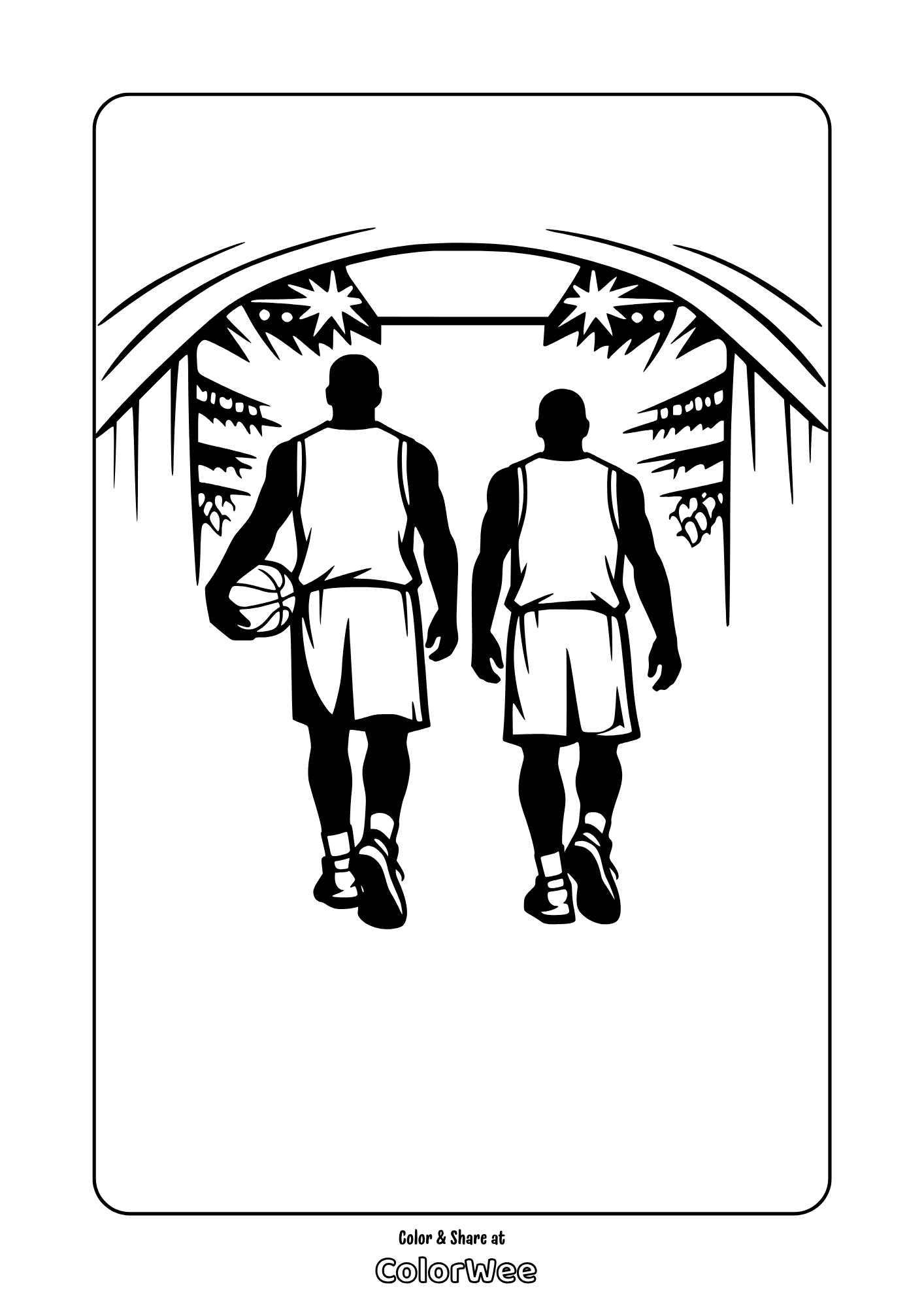 Basketball coloring page: two players enter court, one holding ball