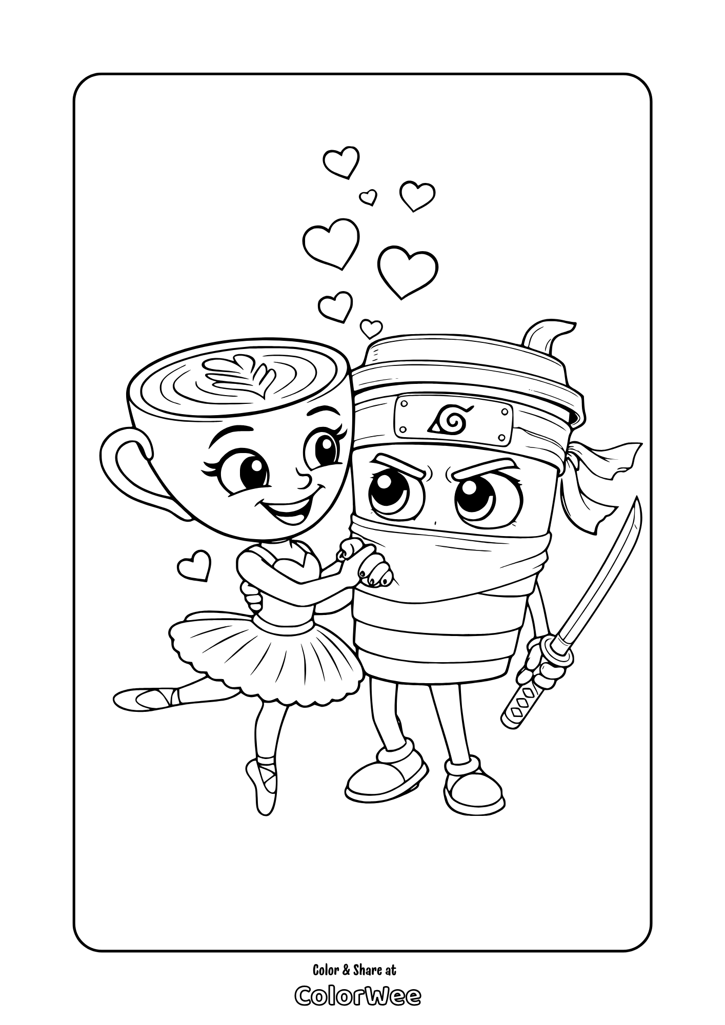 Cappuccino assassino and Cappuccina Assassina with hearts coloring page.