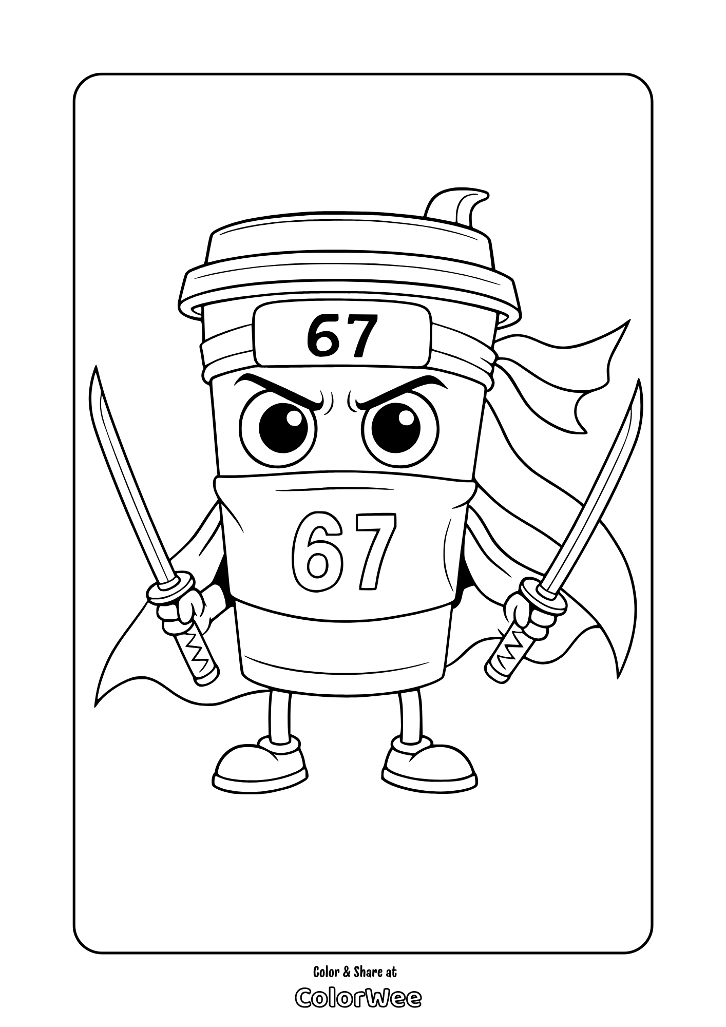 Cappuccino Assassino coloring page with swords and number 67, ready to color.