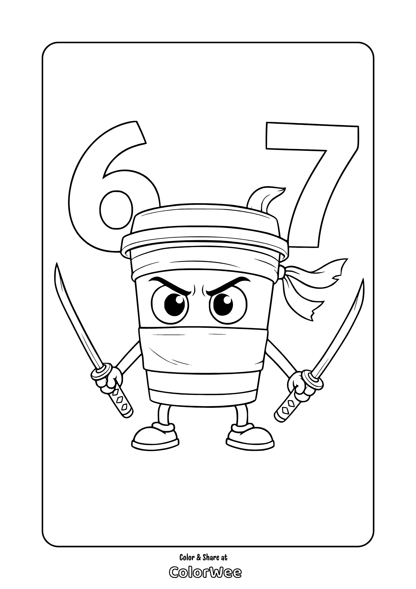 Cappuccino Assassino Coloring Page with Swords and Numbers 6, 7 (Italian Brainrot)