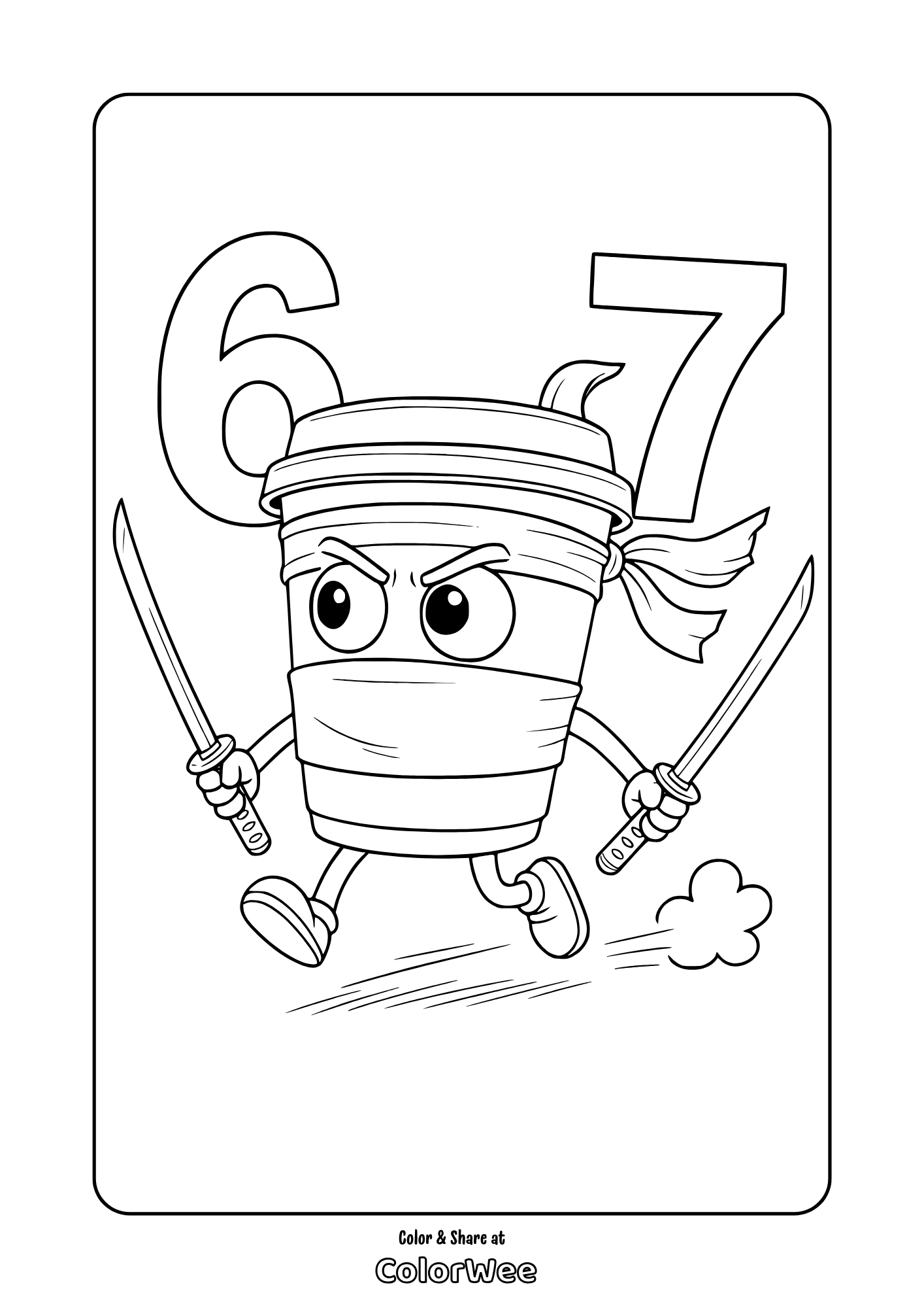 Cappuccino assassino coloring page with swords and numbers 6 and 7.