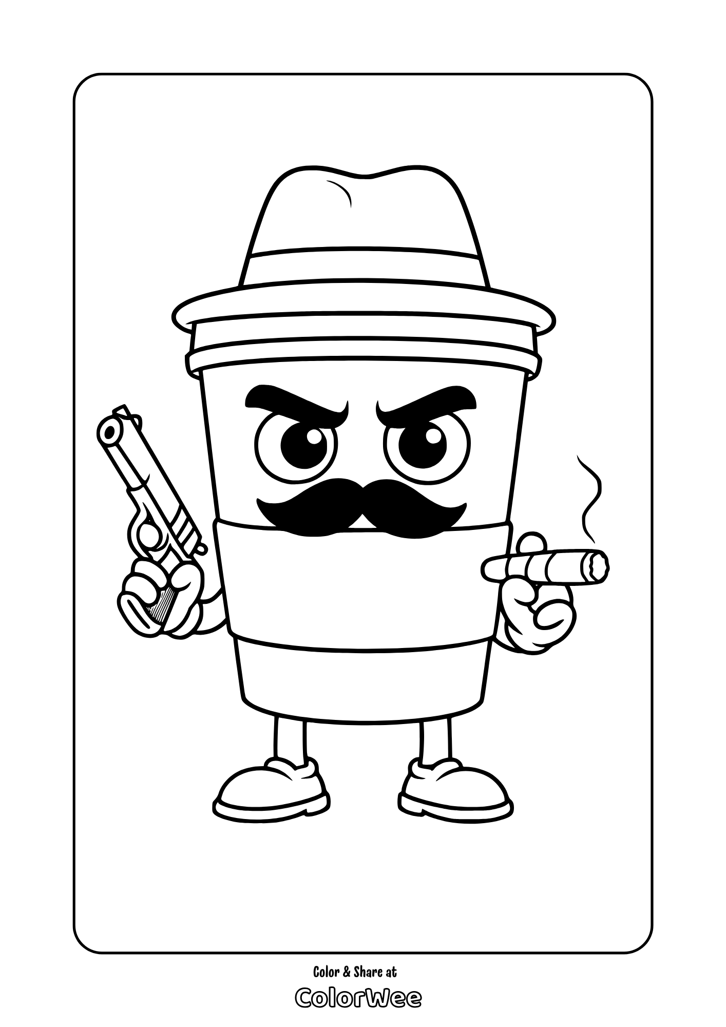 Cappuccino assassino gangster with gun and cigar coloring page.