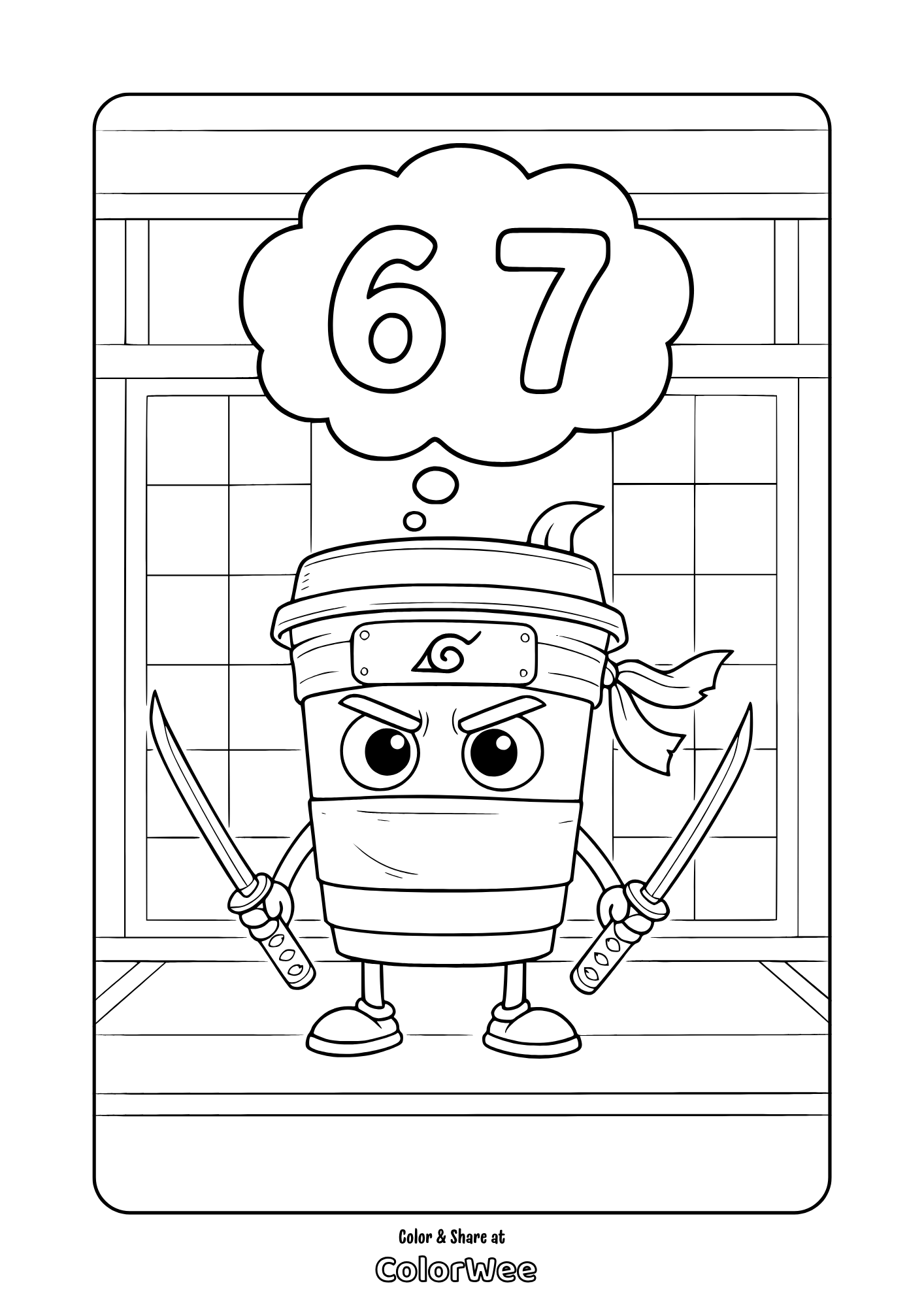 Cappuccino assassino (italian brainrot) thinking about six-seven trend coloring page.