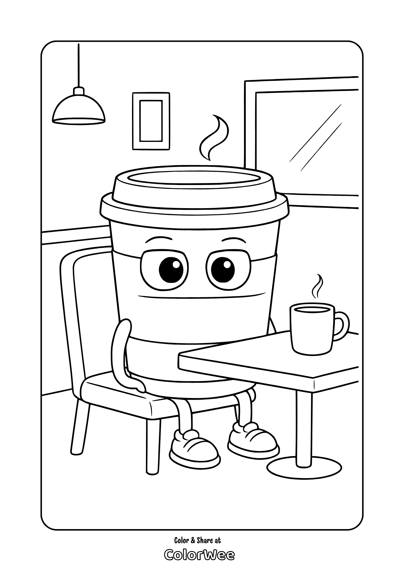 Cappuccino assassino sitting at a café table, ready to color.
