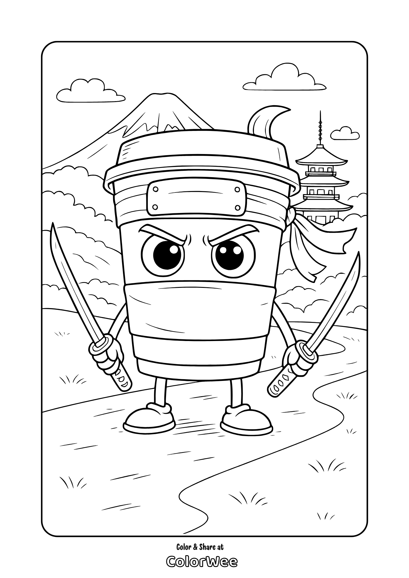 Cappuccino assassino with katanas in a scenic Japanese ink-style landscape. Coloring page.