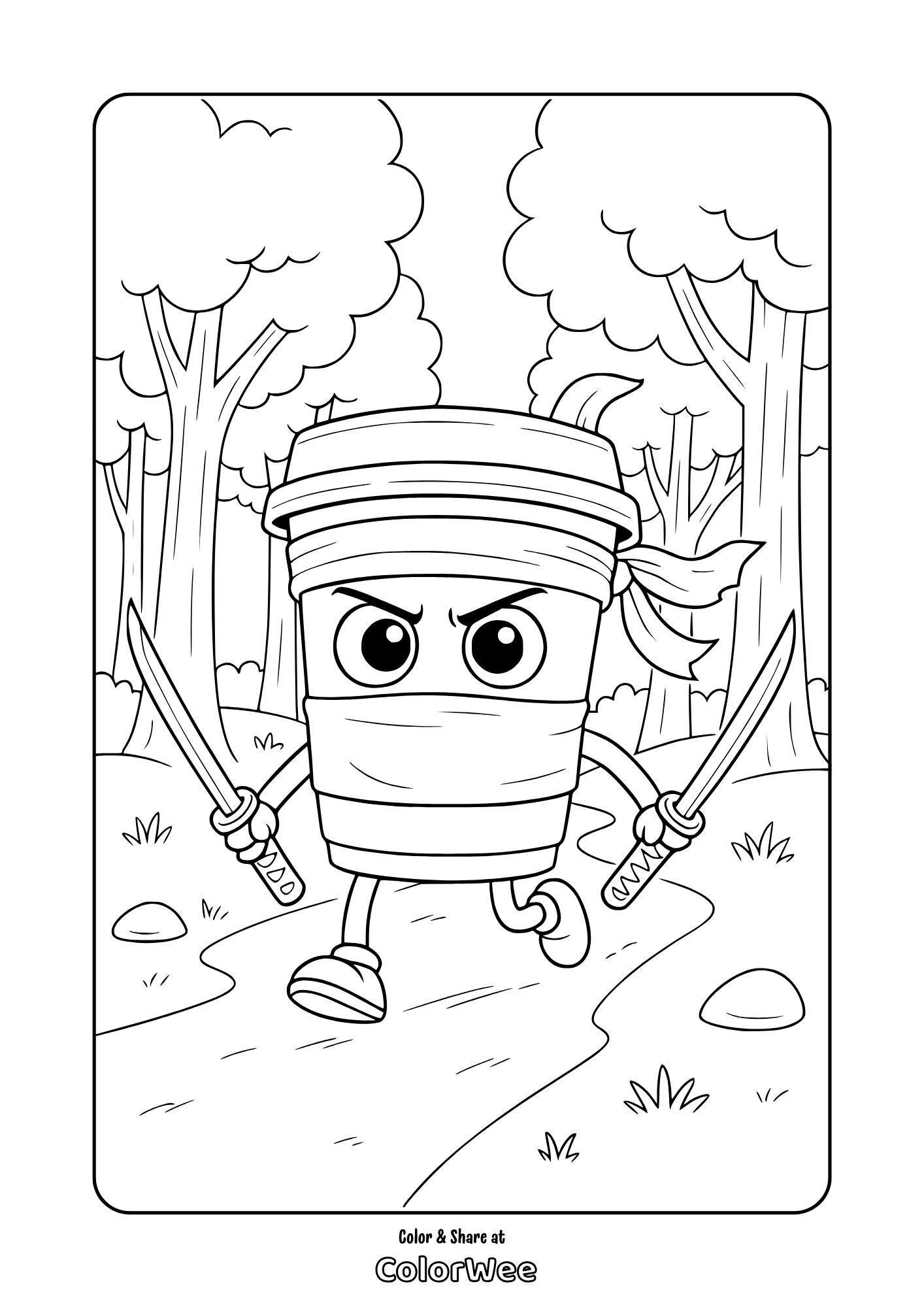 Cappuccino assassino with swords in a forest coloring page.
