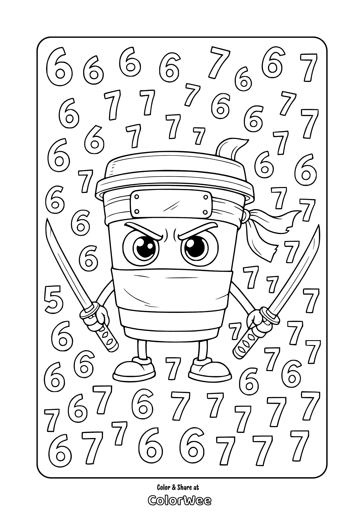 Coloring page: Cappuccino assassino surrounded by numbers 6 and 7 - viral meme.