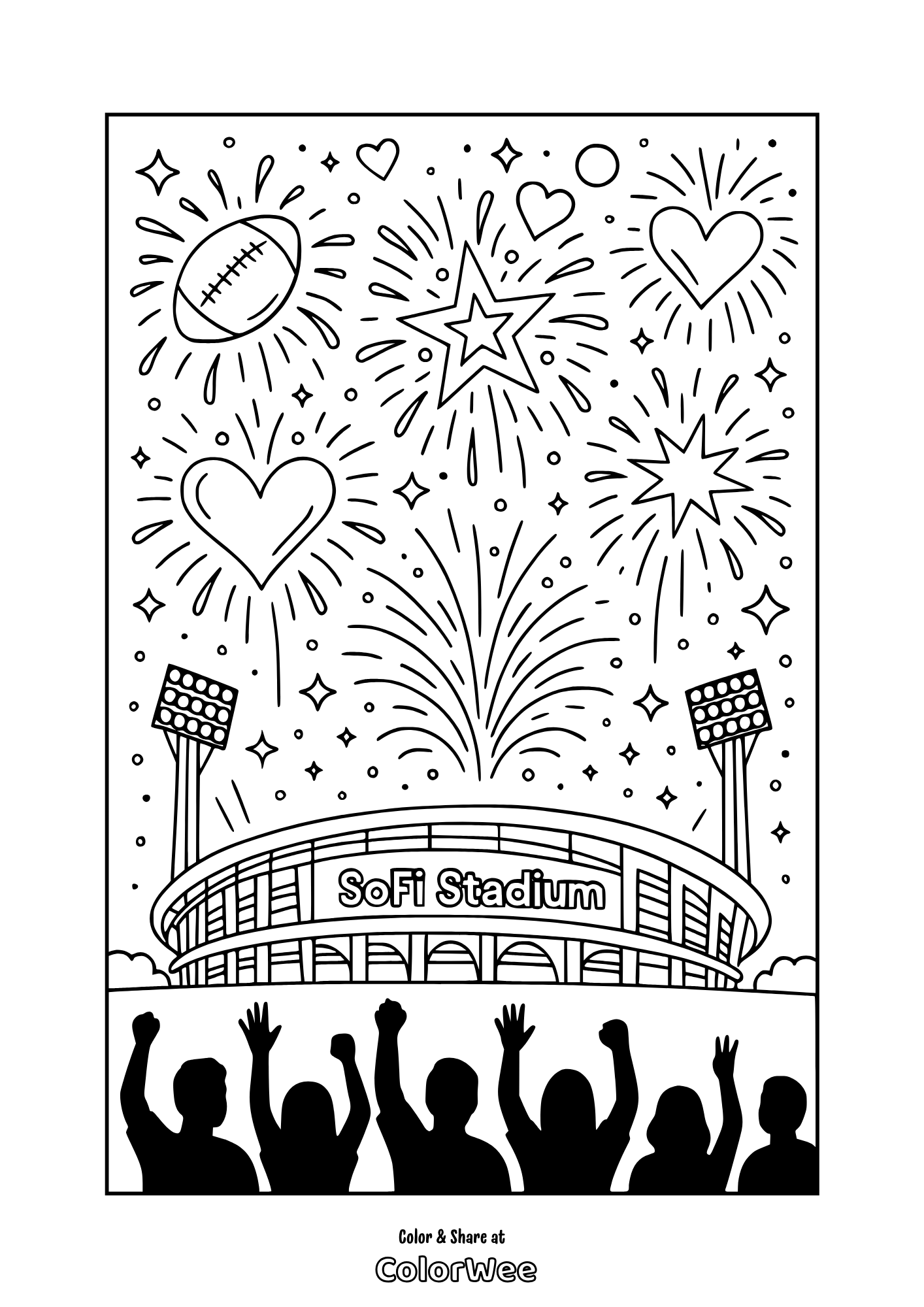 Coloring page with SoFi stadium, fireworks, and cheering crowd.