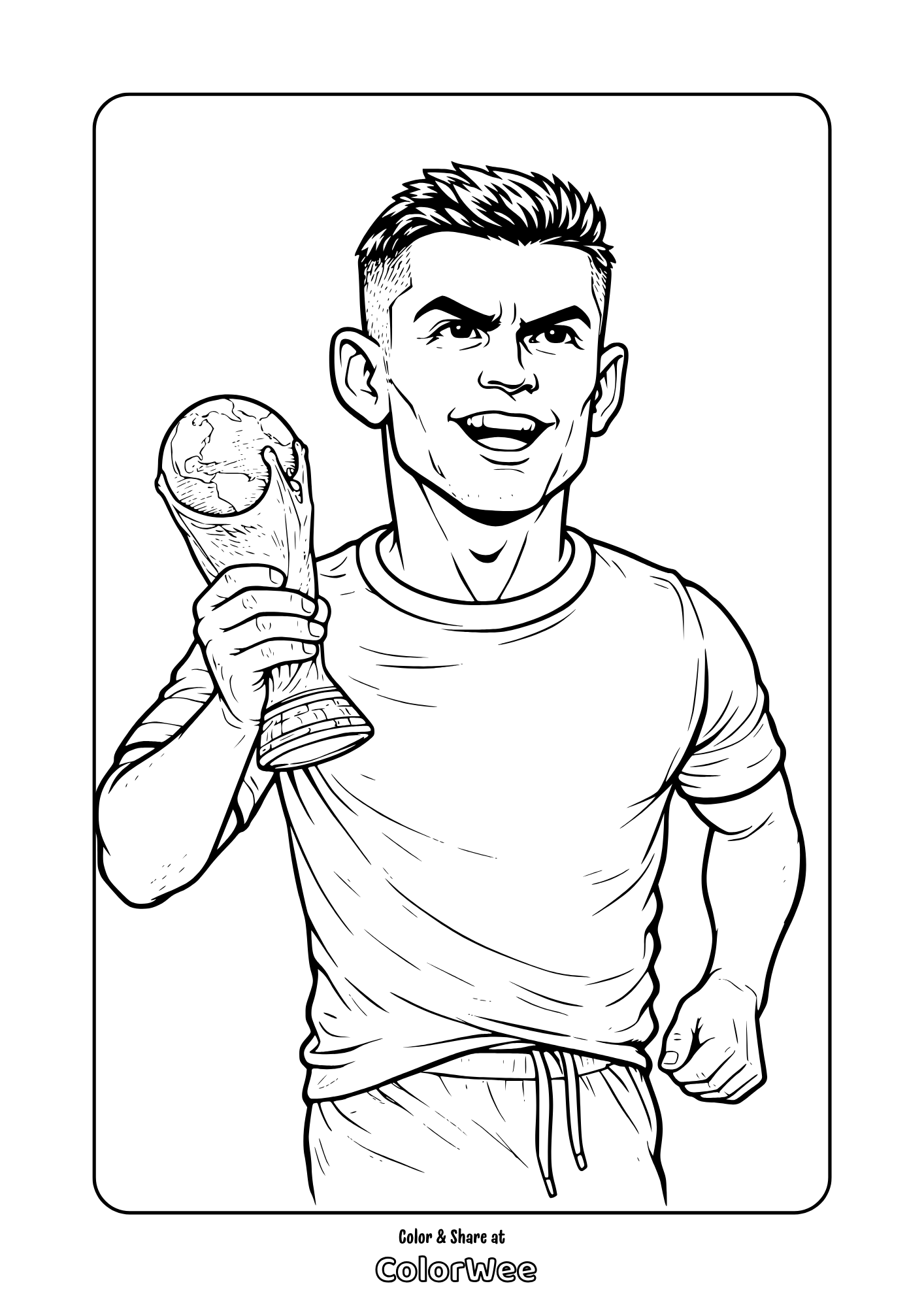 Cristiano Ronaldo holding FIFA 2026 trophy coloring page.