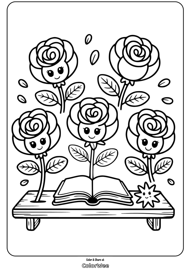 cute rose doodles character shelf coloring page Cute flowers with faces, open book, coloring page design.