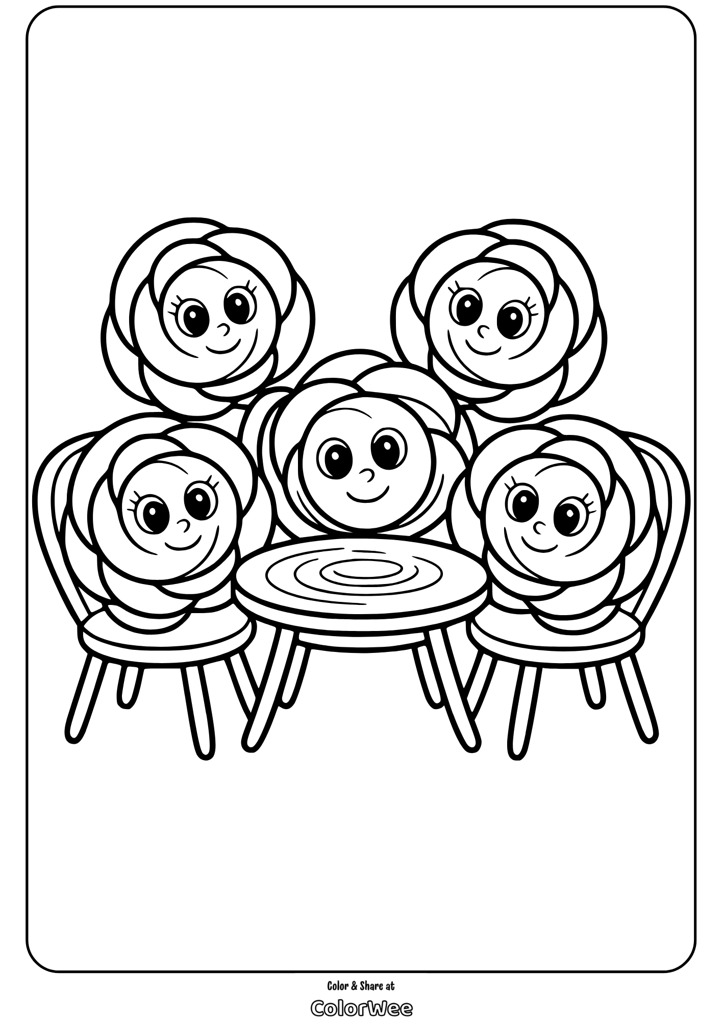 Cartoon flowers sitting on chairs around a table, coloring page.