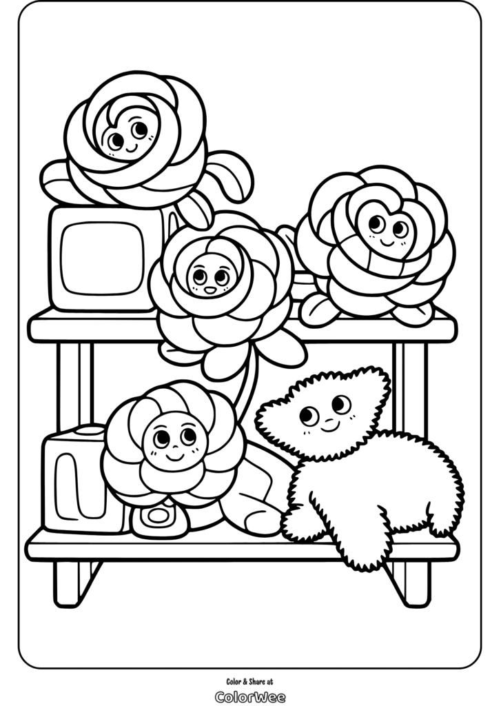 cute rose doodles toy shelf coloring page Floral characters and fluffy creature on shelf coloring page.