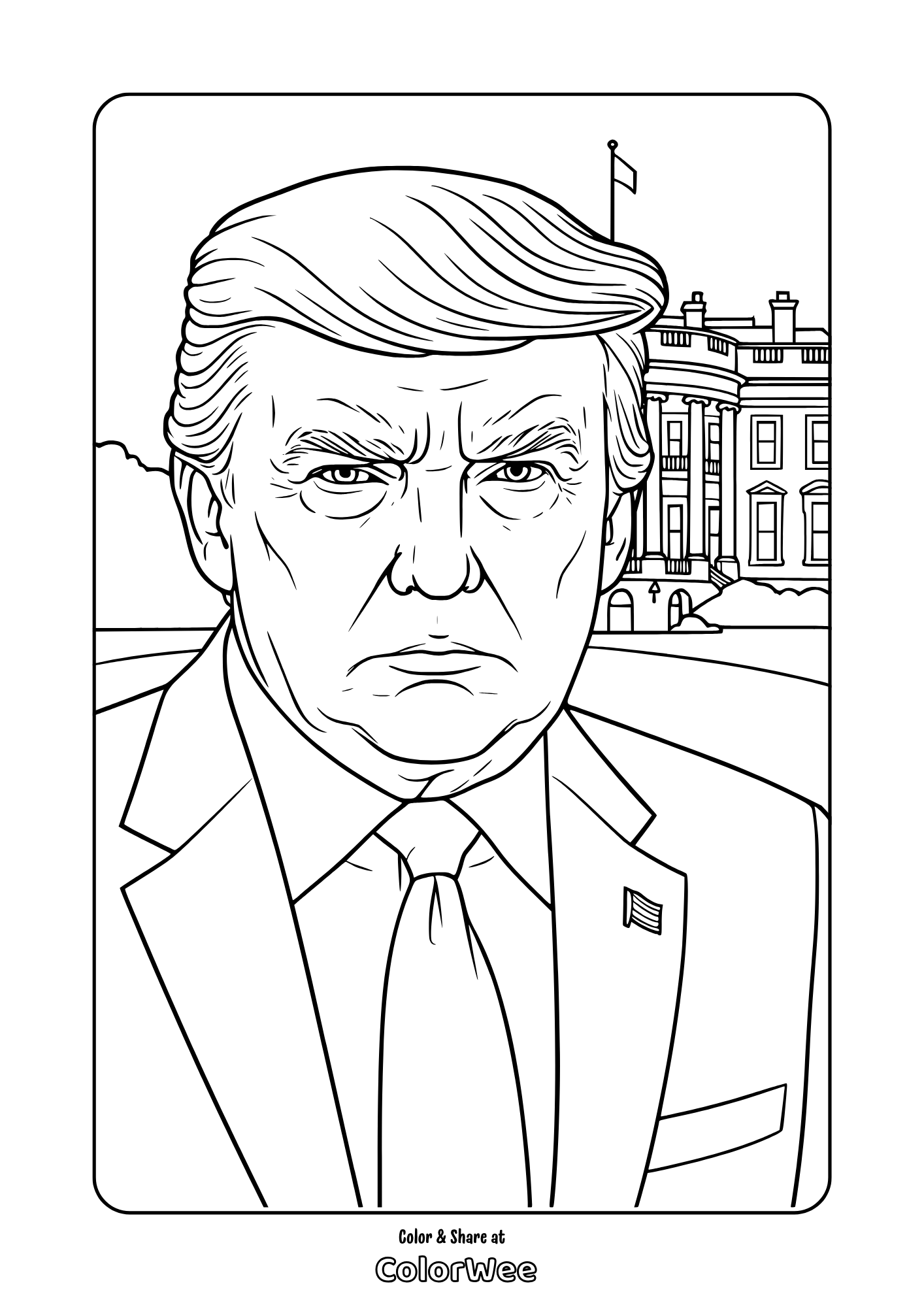 Doland Trump at the White House coloring page - printable line art.