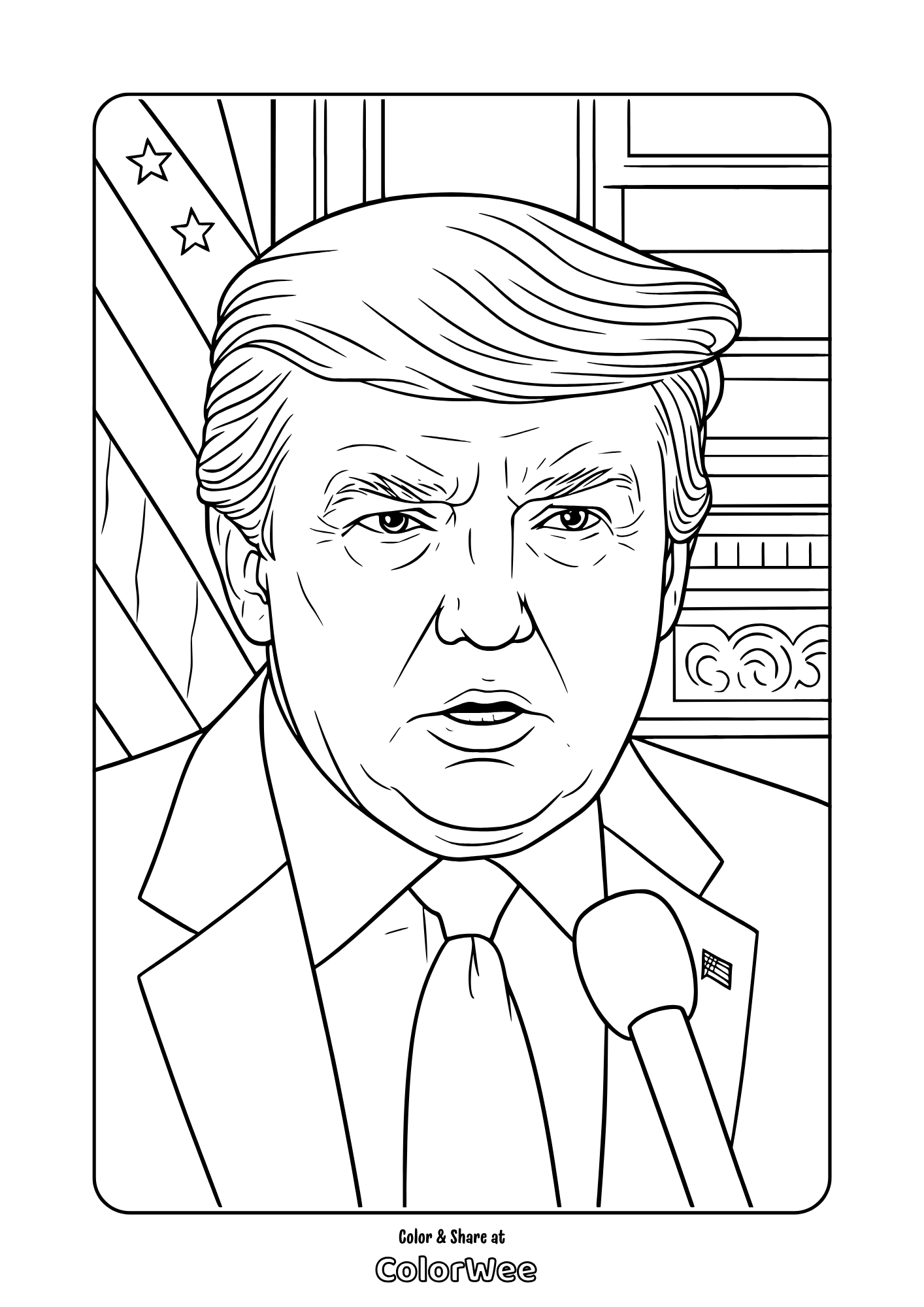 Donald Trump 2026 speech coloring page with microphone and American flag backdrop