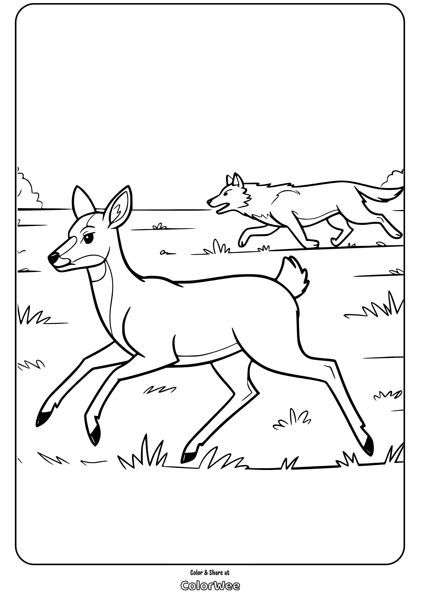 Buck running with a wolf in the background - coloring page.