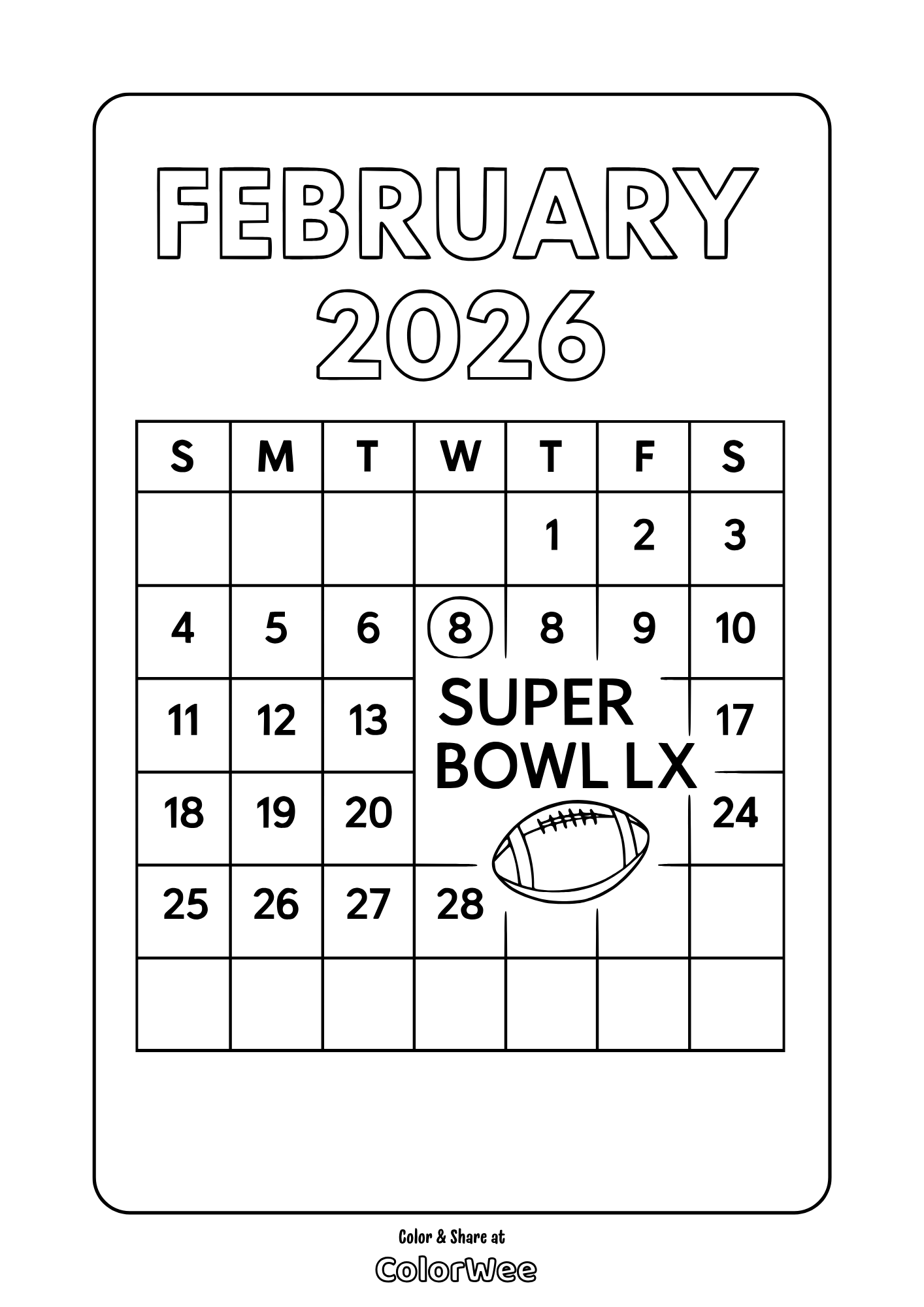 February 2026 calendar coloring page - Super Bowl LX football printable for kids