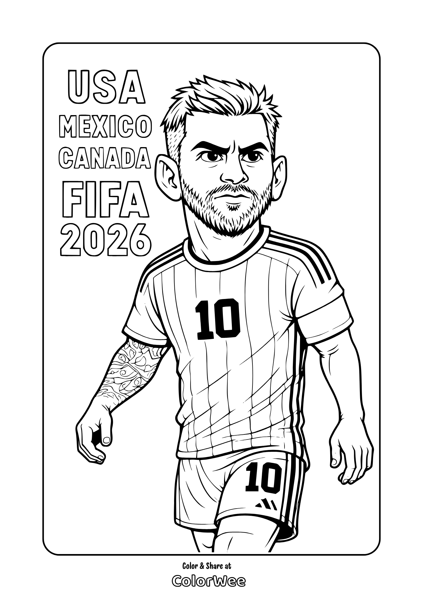 FIFA 2026 World Cup printable coloring: Leo Messi #10, USA Mexico Canada