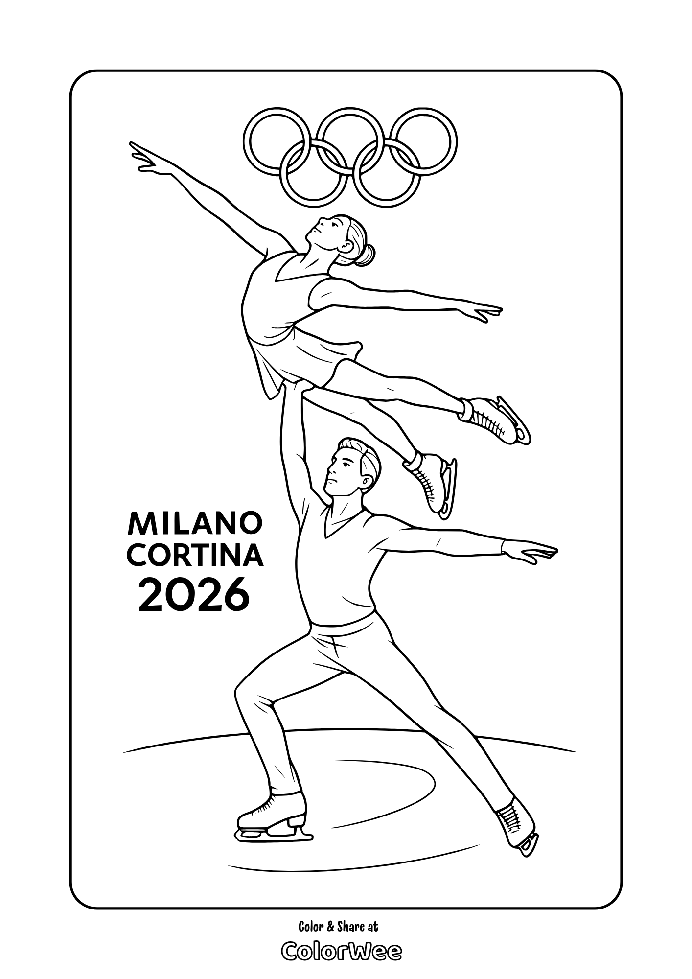 Milano Cortina 2026 figure skating pair lift coloring page with Olympic rings