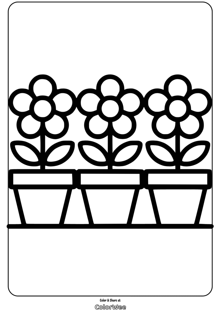 Three potted flowers coloring page for kids and adults.