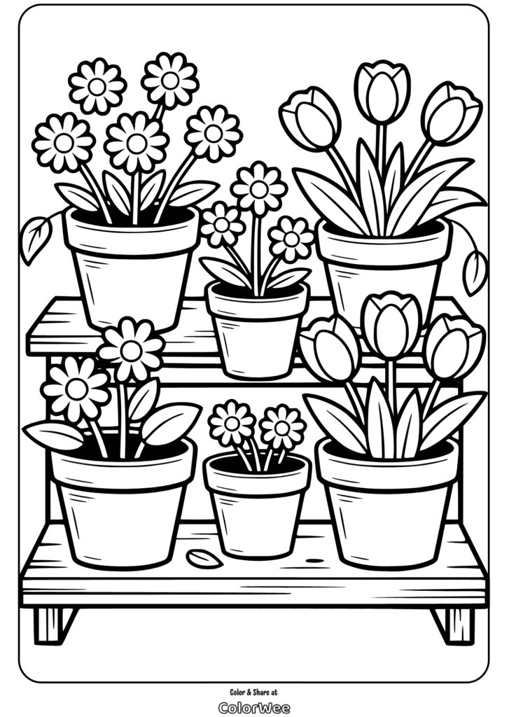 potted flowers coloring page - daisies and tulips on shelves