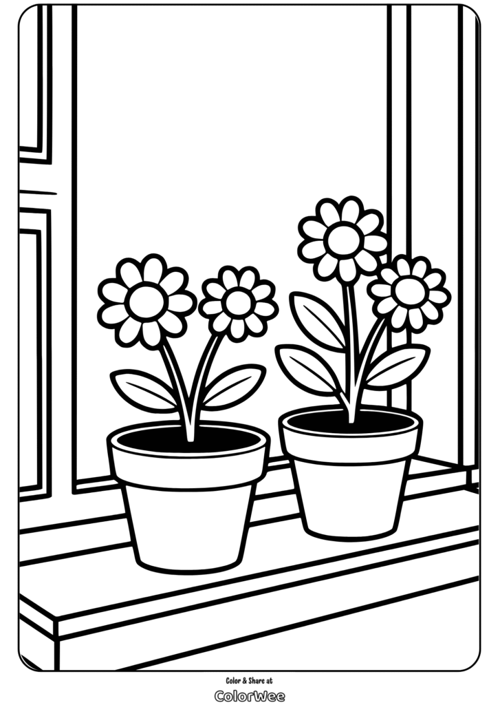 Potted flowers on a windowsill coloring page.