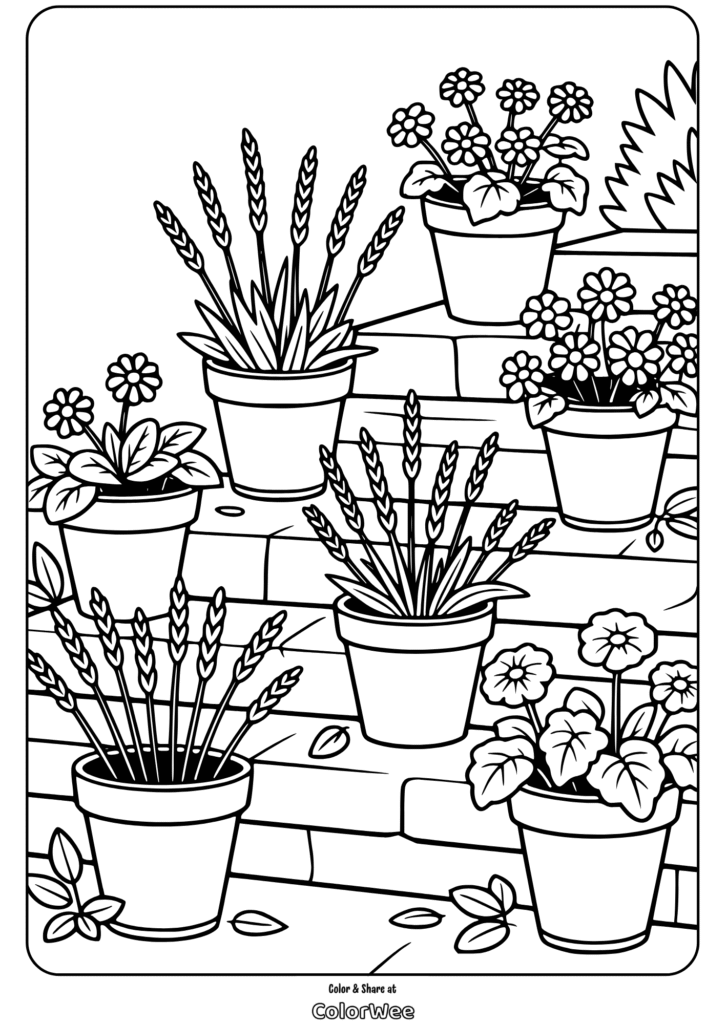 Potted plants on steps coloring page with flowers and leaves.