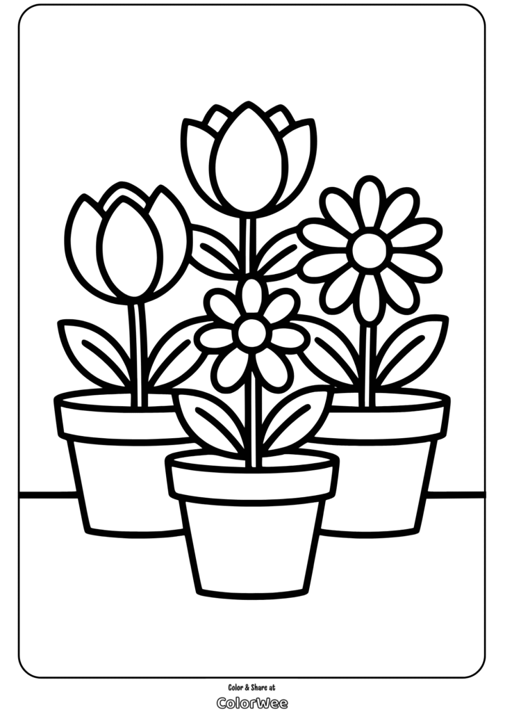 Three potted flowers coloring page for kids.