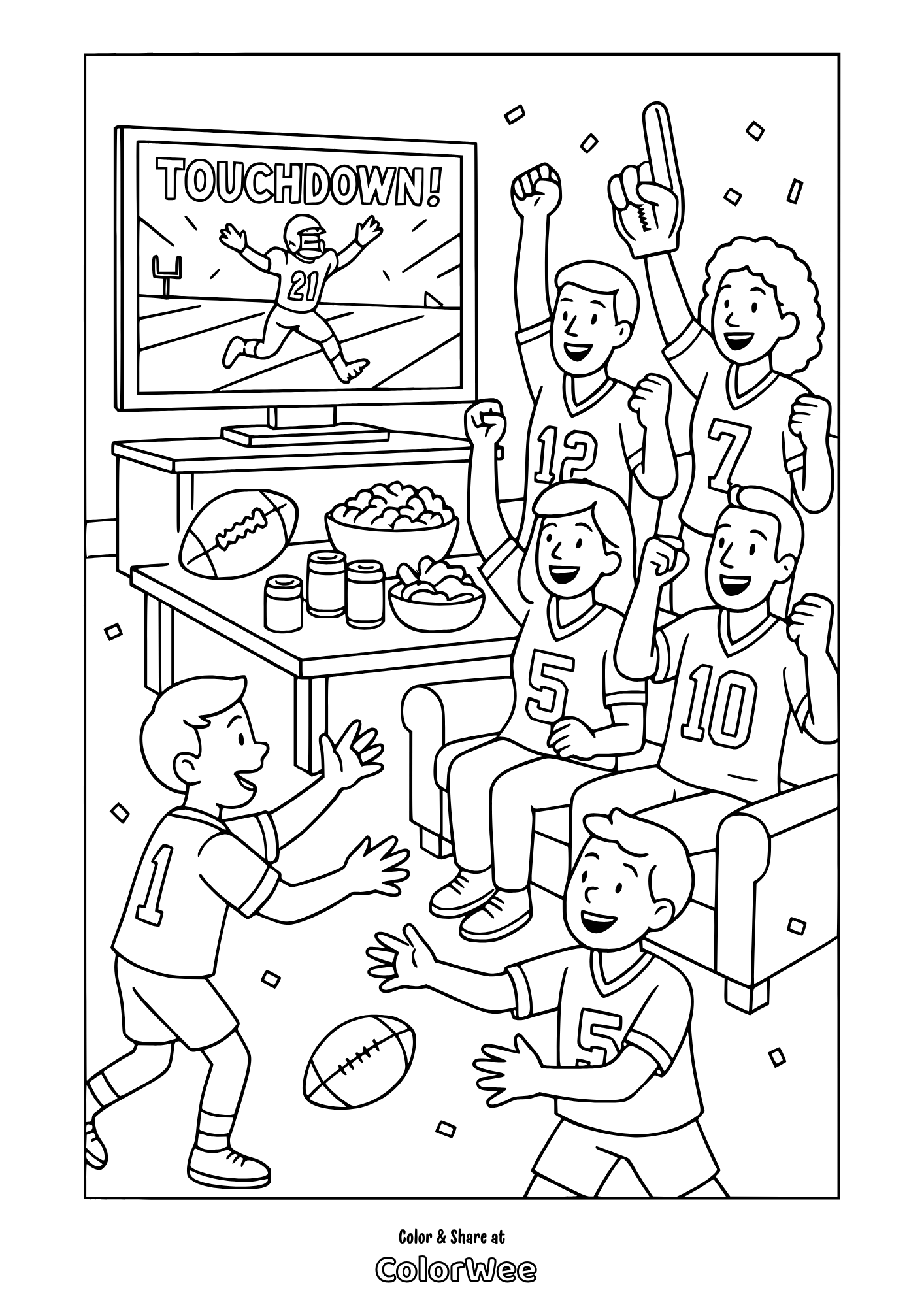 Football fans celebrating super bowl coloring page.