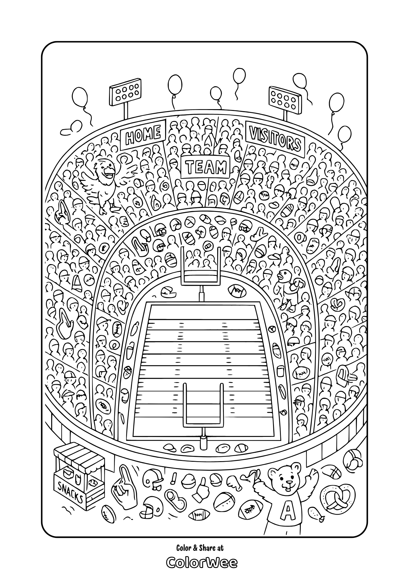 Football stadium coloring page with cheering crowd and mascot.