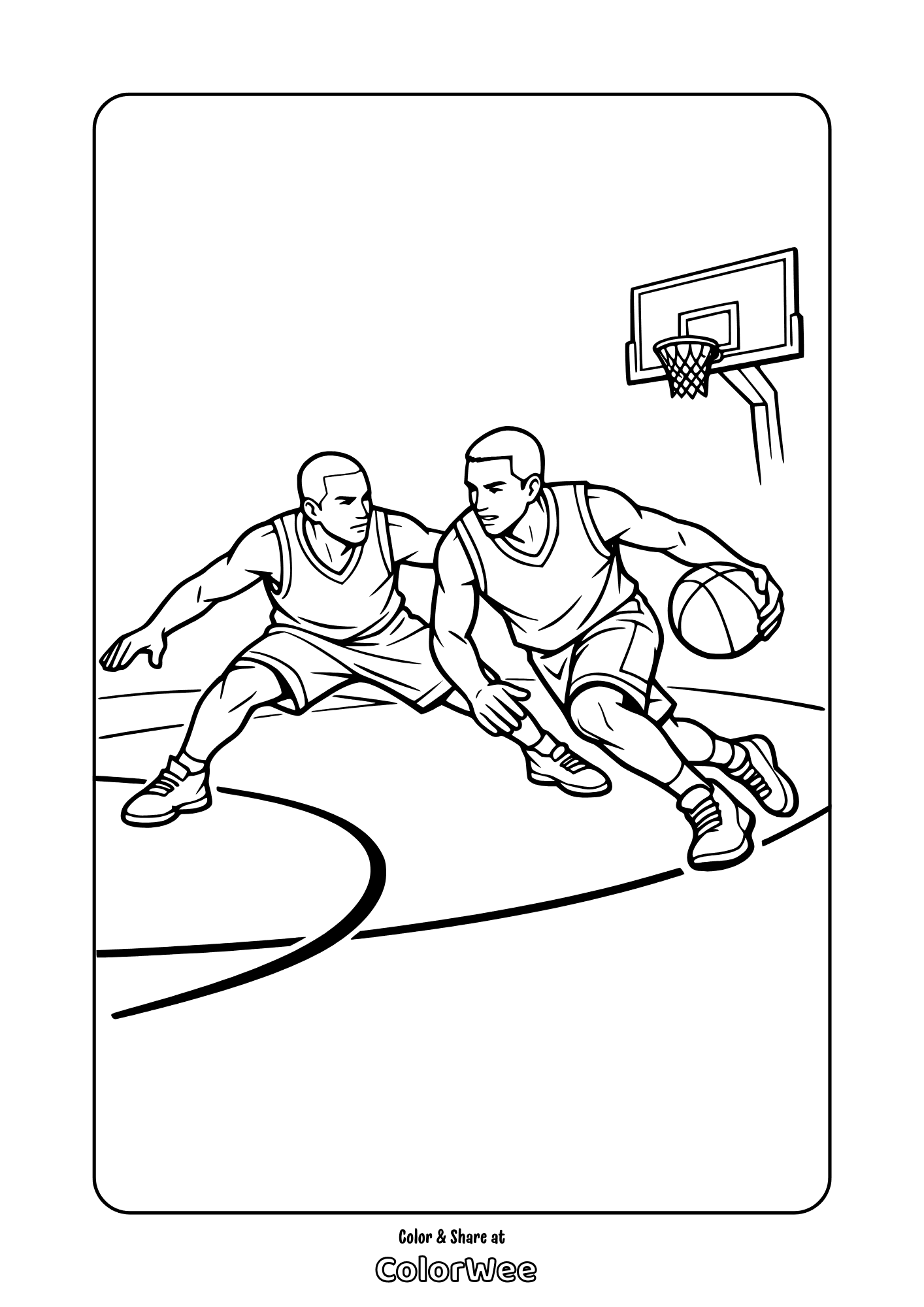 Free basketball coloring page: two students dribble and defend under hoop