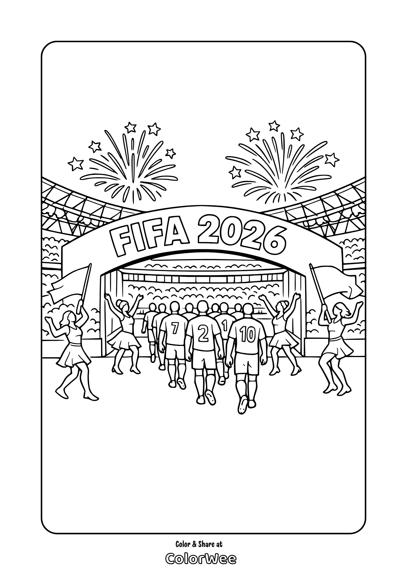 Free FIFA 2026 World Cup coloring sheet : soccer team enters stadium, fireworks