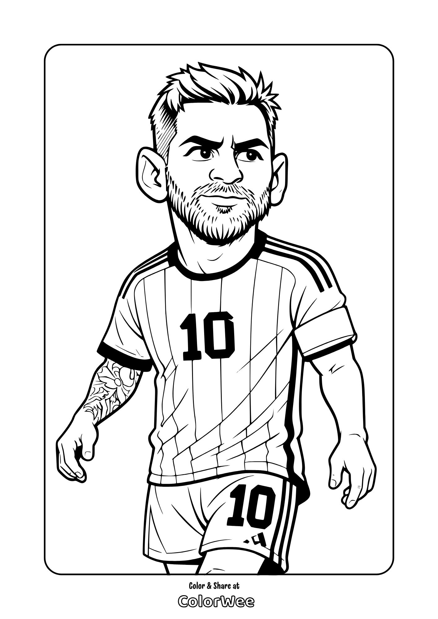 Free Lionel Messi #10 coloring page for kids - printable footballer cartoon