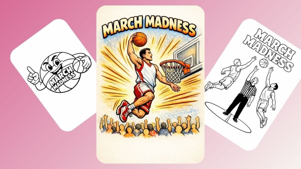 Free March Madness basketball coloring pages.