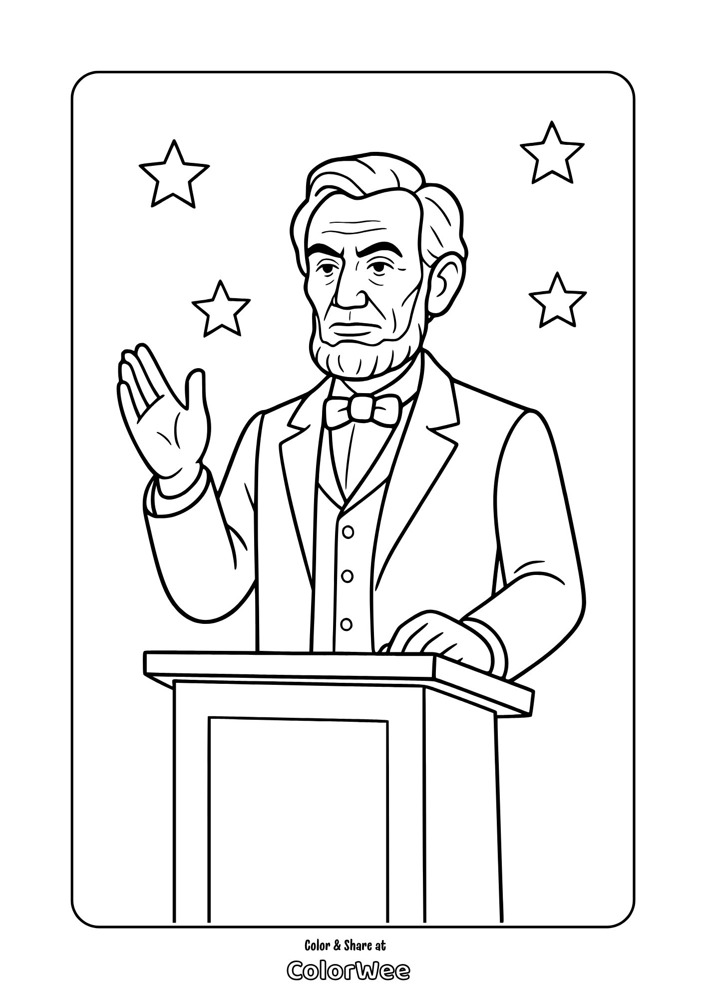 Free printable Abraham Lincoln president at podium coloring page, patriotic stars