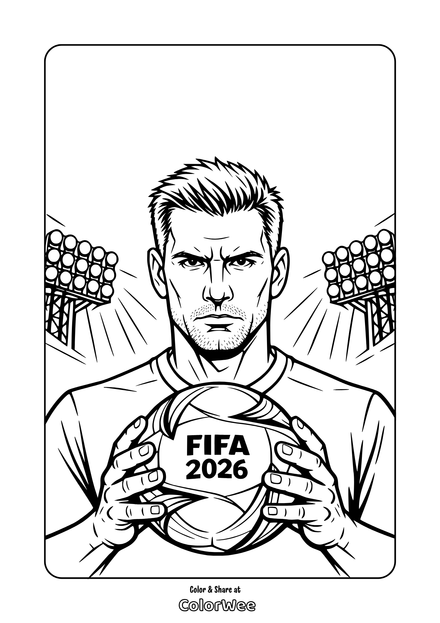 Free printable FIFA 2026 soccer player with stadium and lights