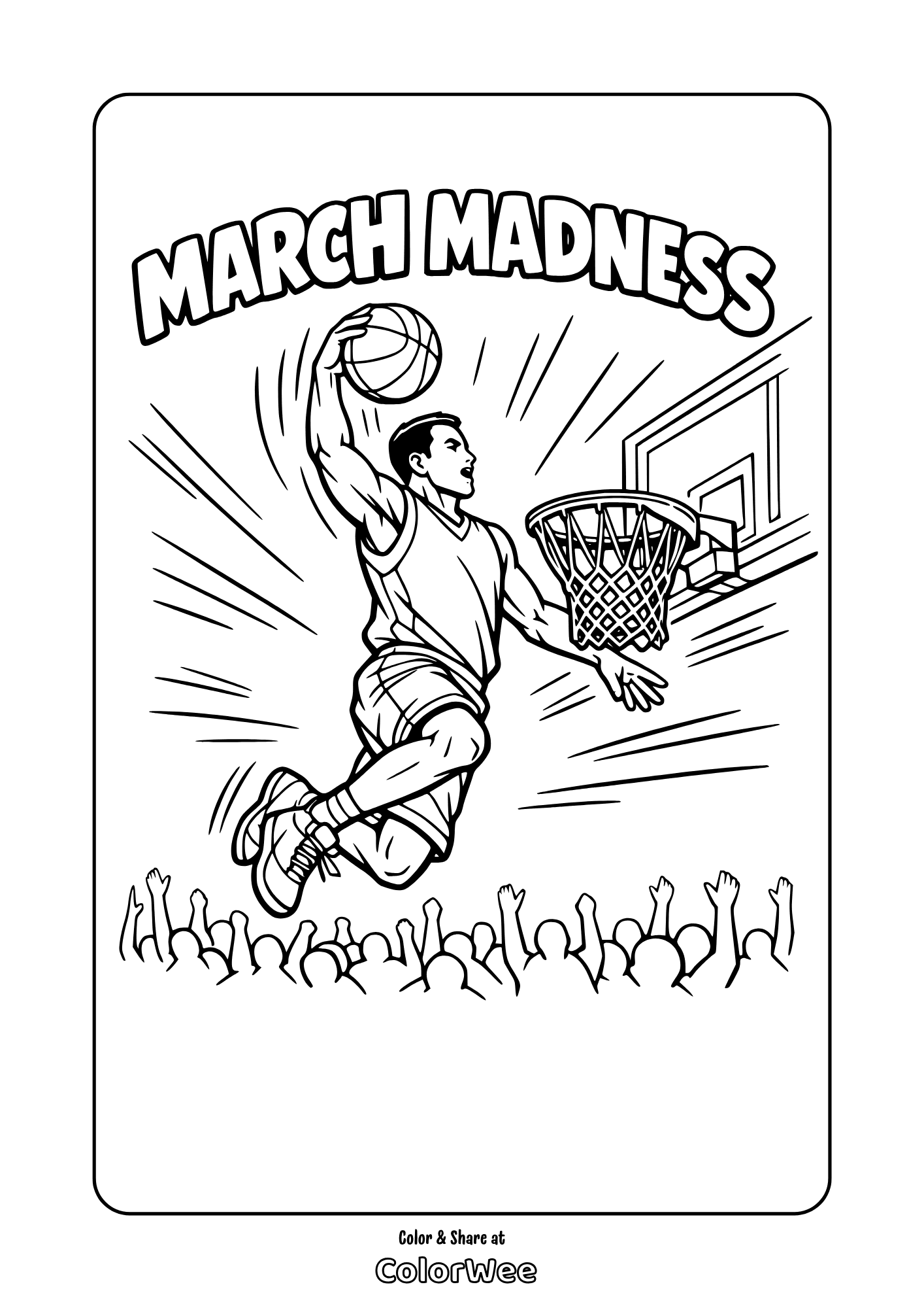 Free printable March Madness slam dunk basketball coloring page .