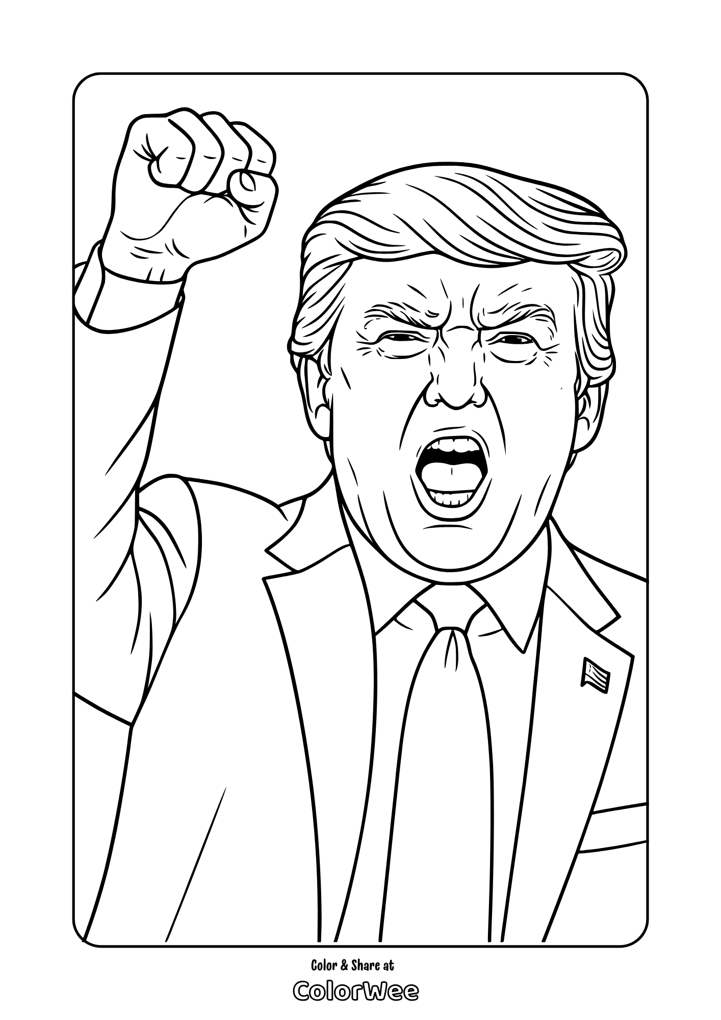 Free printable President Donald Trump coloring page, speech pose with raised fist