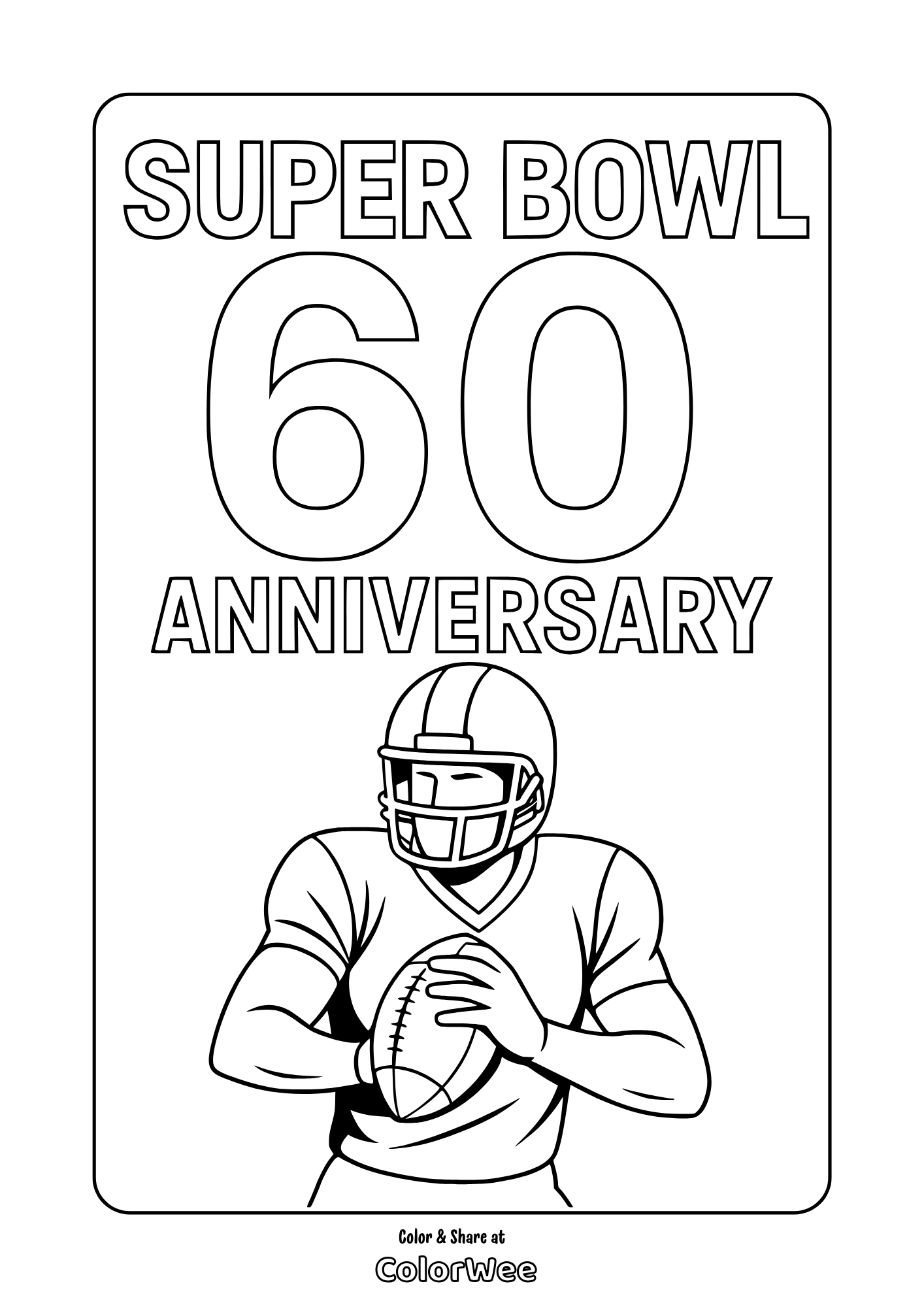 Free Super Bowl 60th anniversary coloring page with quarterback holding football