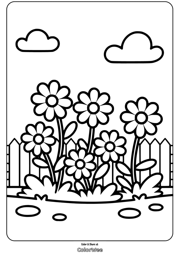 Flower garden with clouds and fence coloring page for kids.